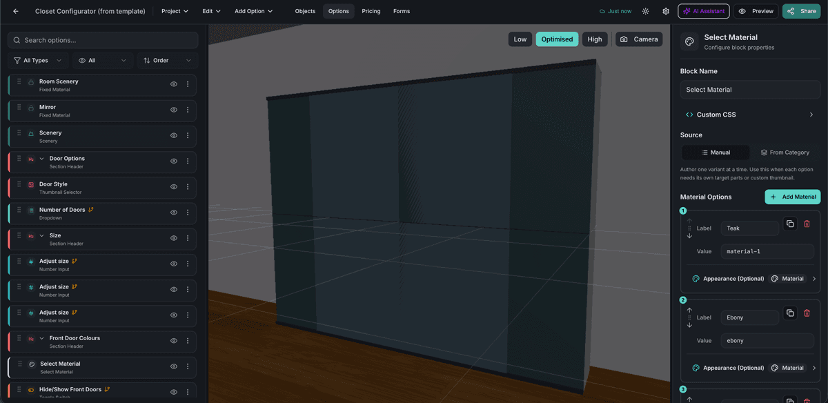 The Simplio3D editor interface showing configurator options