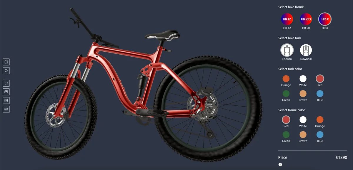Configurador de bicicletas 3D que muestra una bicicleta personalizable
