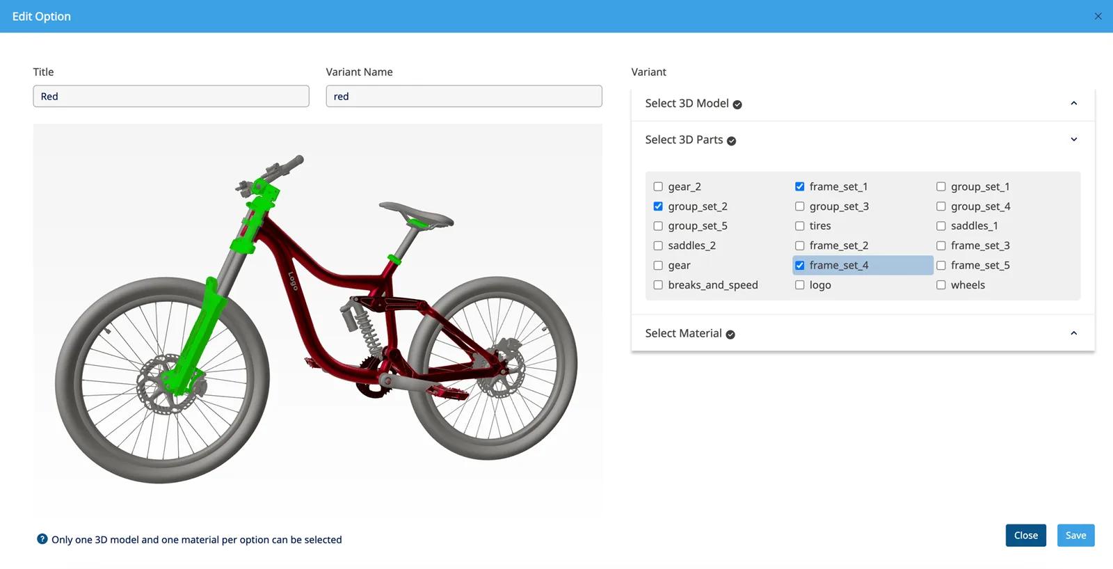 Interfaz de configuración de bicicletas mostrando opciones de componentes