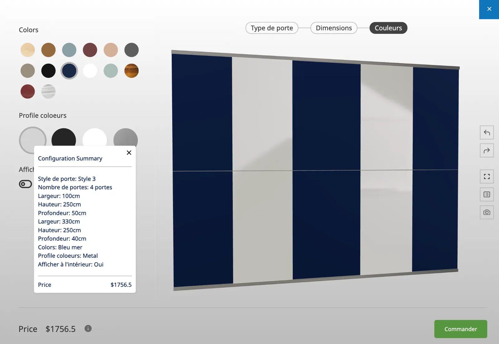 Online 3D closet design software showing a configurable wardrobe