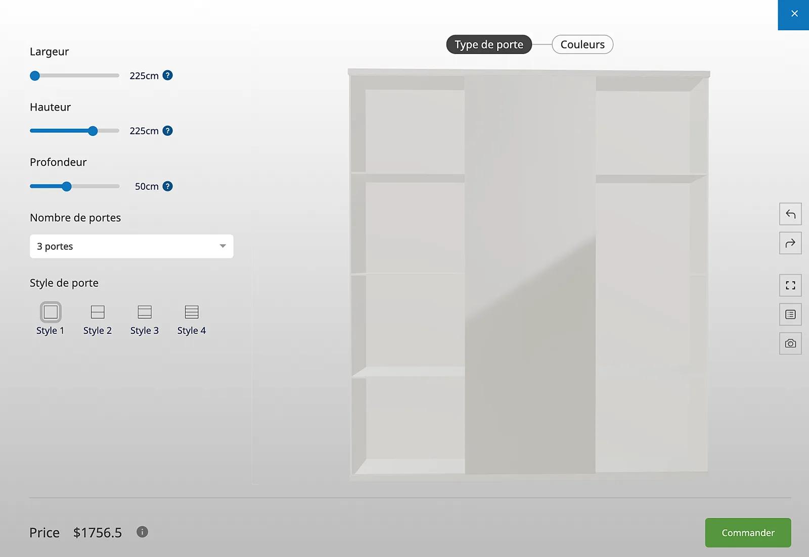 3D closet configurator showing internal layout options
