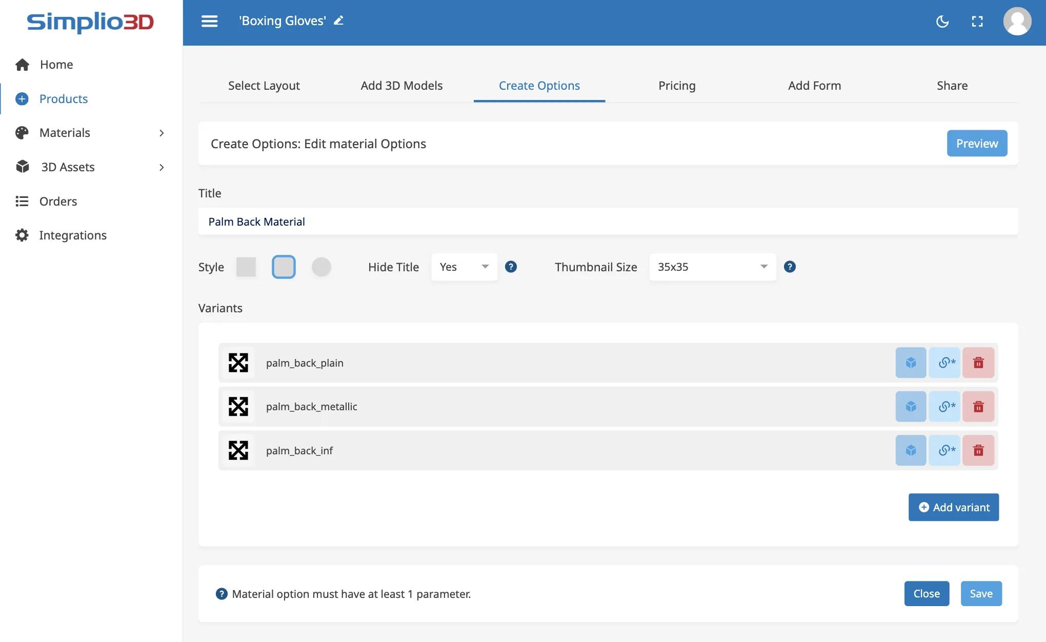 Window configurator parameters in the Simplio3D editor