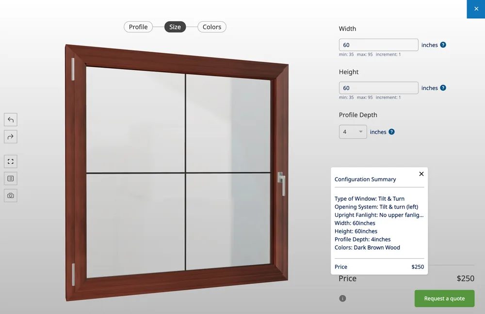 Window configurator software showing a configurable window in 3D