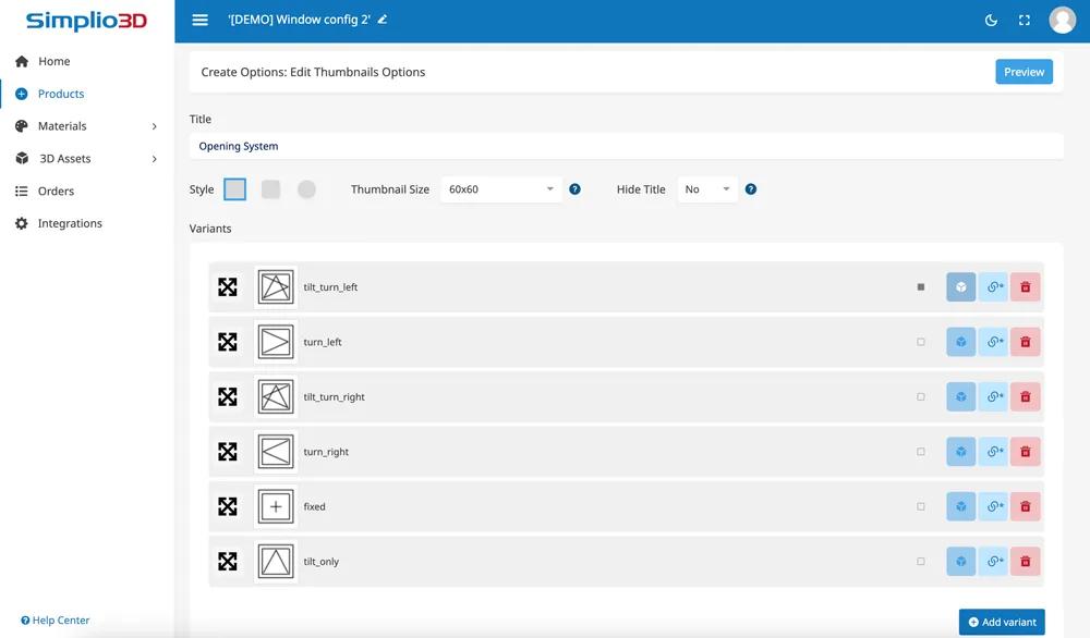Back end of a window configurator showing option setup
