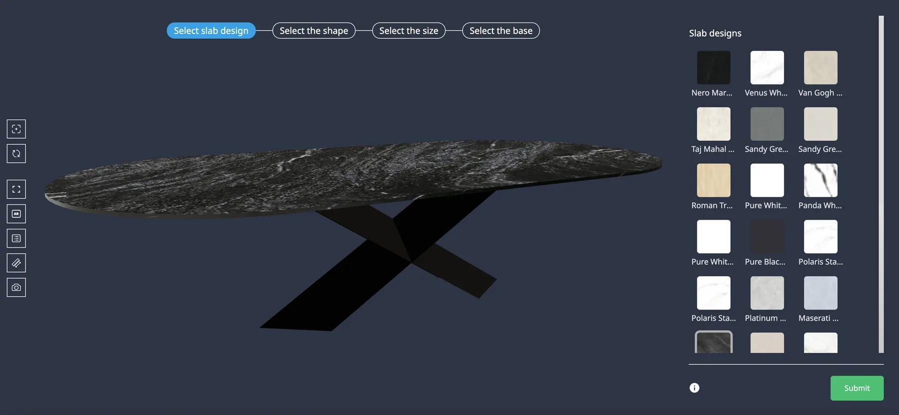 Selecting leg colour options for a stone table