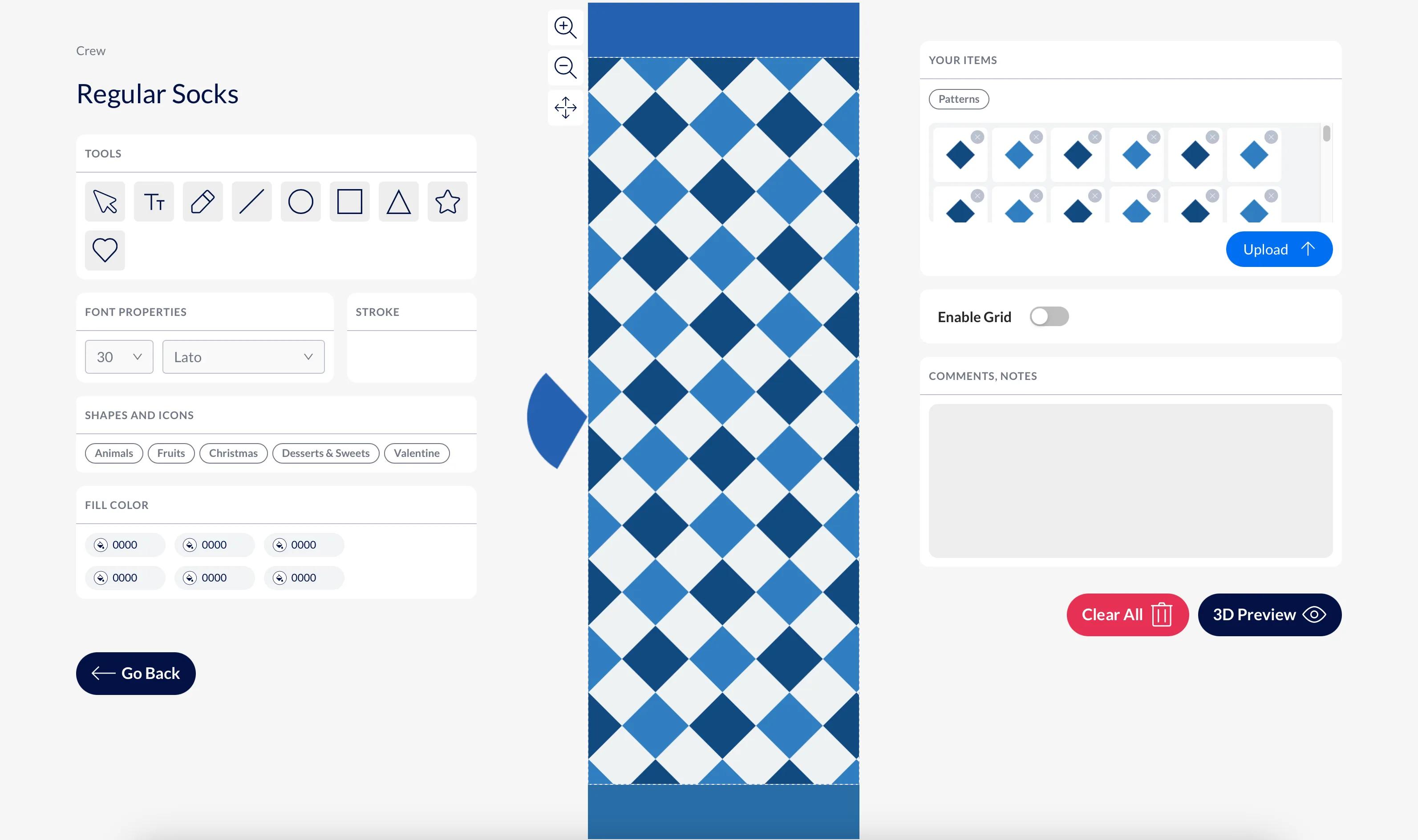 Applying patterns to a sock in a 3D configurator