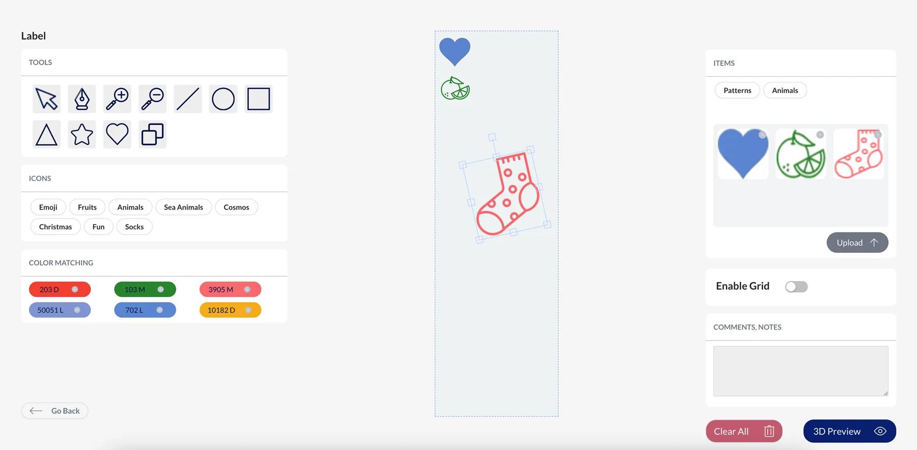 Custom 2D design editing tool for sock labels