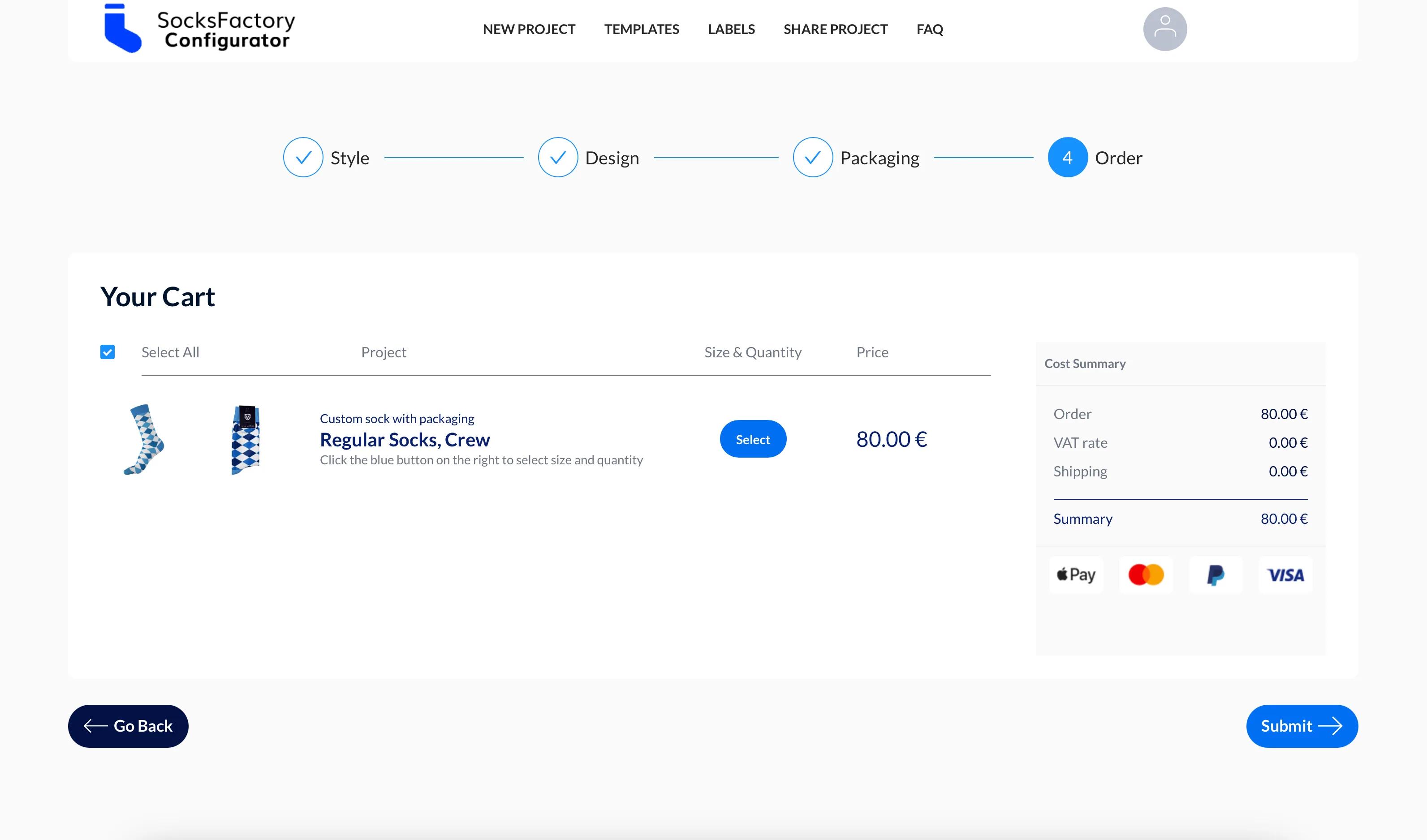 Shopping cart in the sock configurator