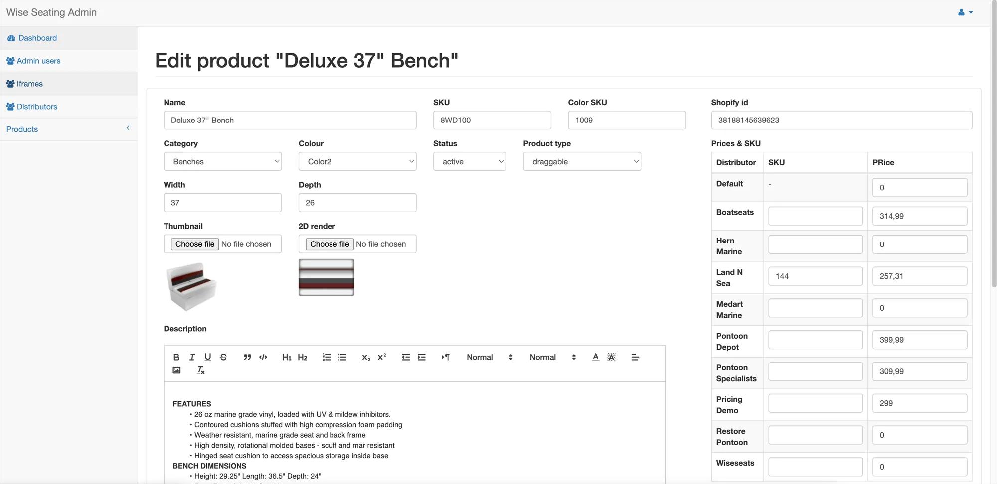 Administration back end for the Wise Deck Designer