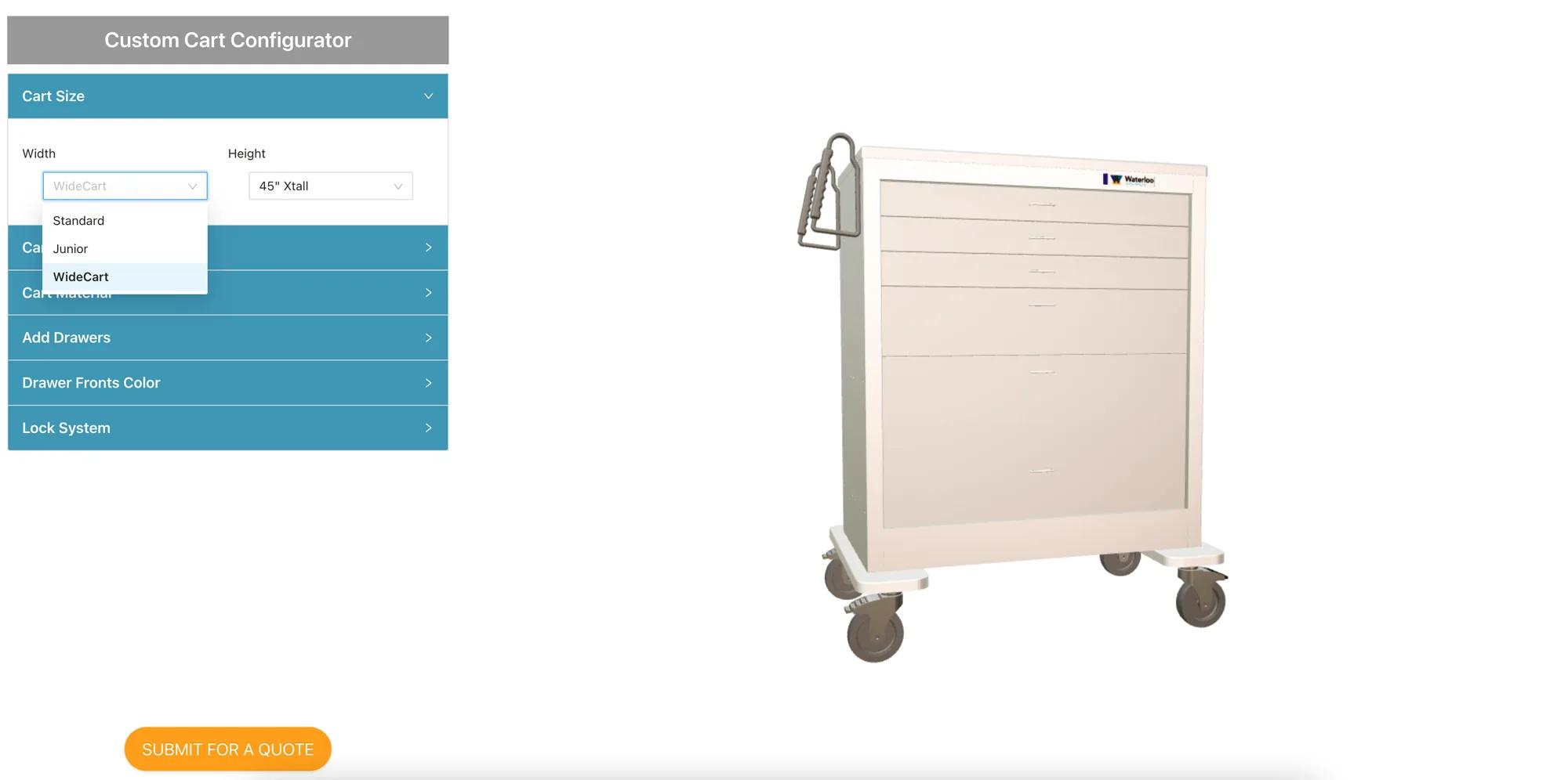 Selecting cart size in the Waterloo Healthcare configurator