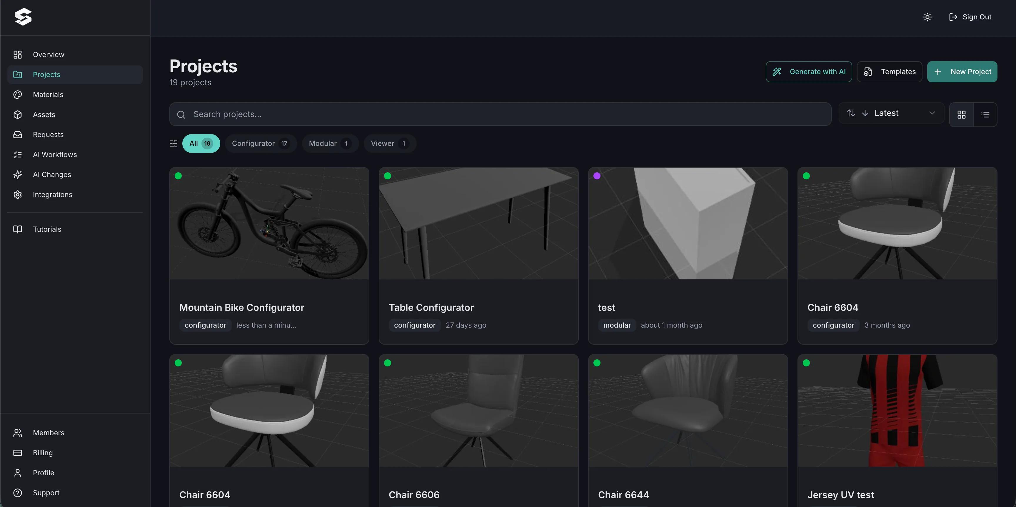 Seznam projektů konfigurátoru na řídicím panelu projektu Simplio3D