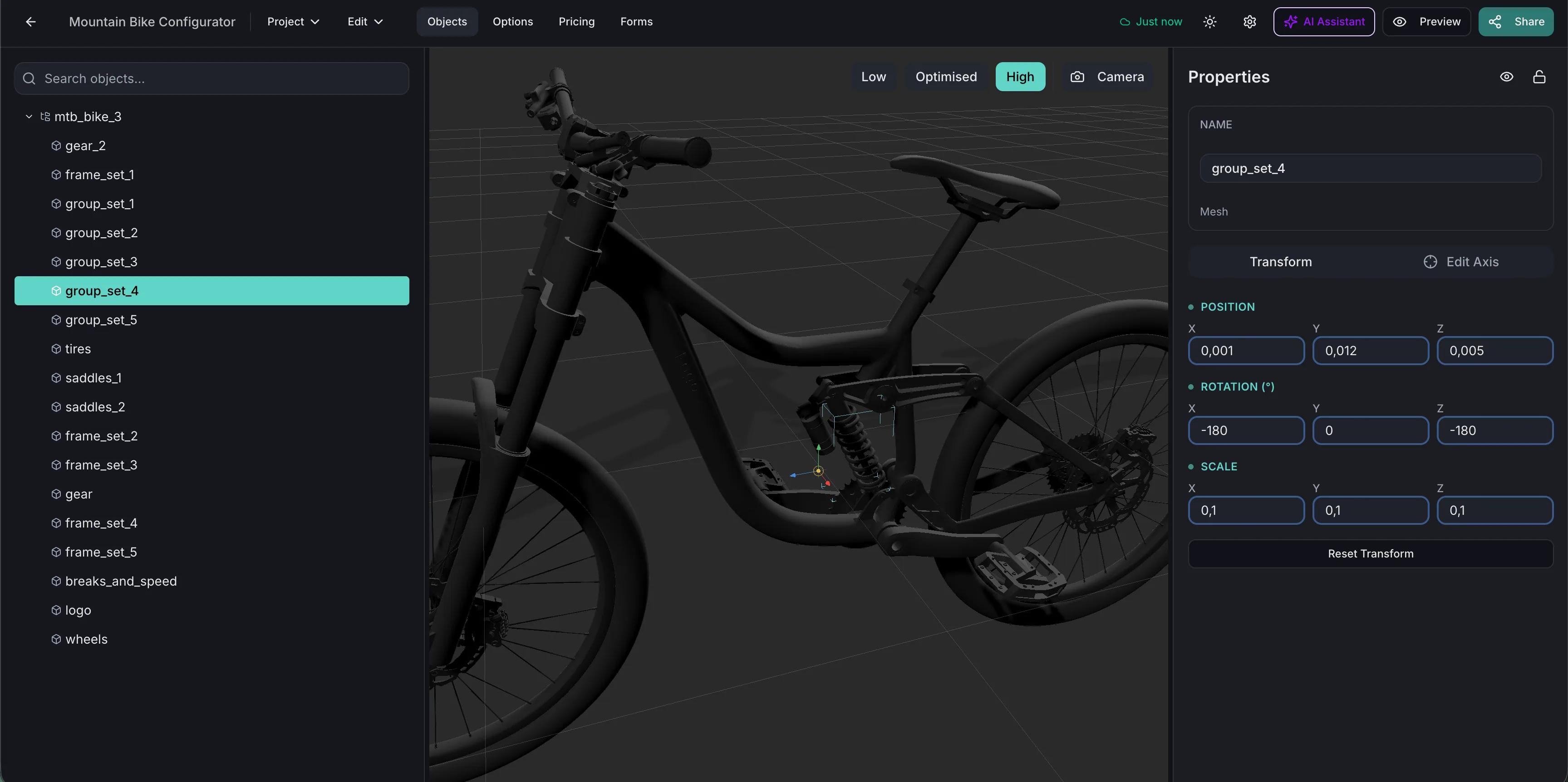 Editor projektu Simplio3D s 3D pohledem a bloky možností