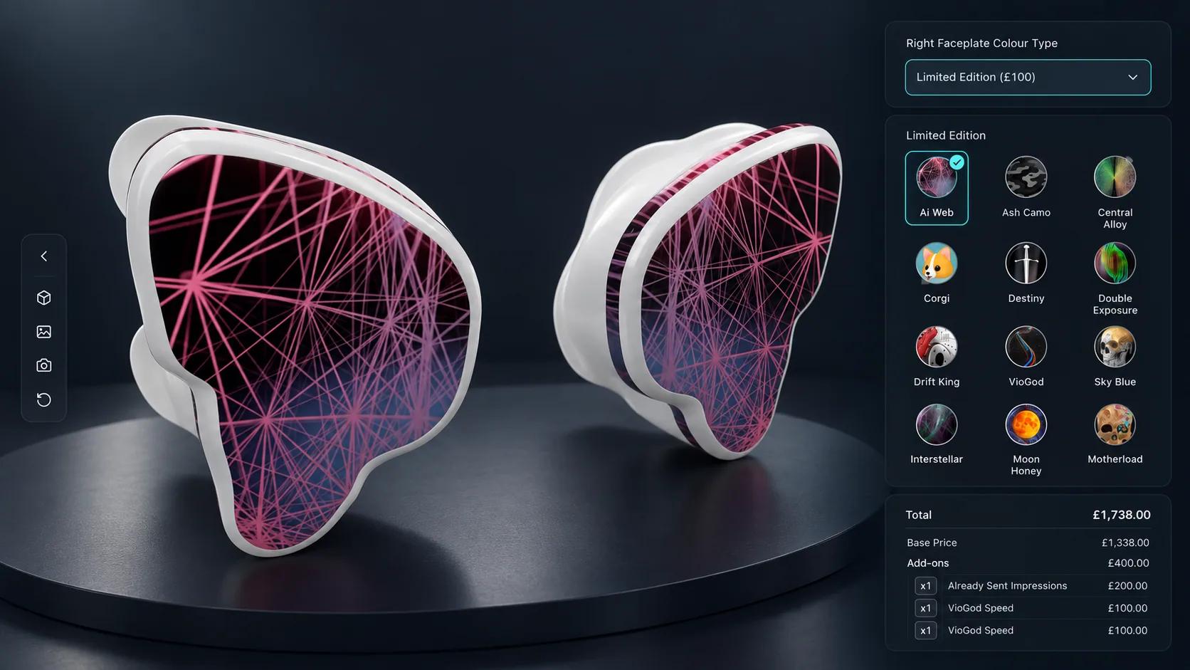 Editor projektu Simplio3D s bloky možností a materiály