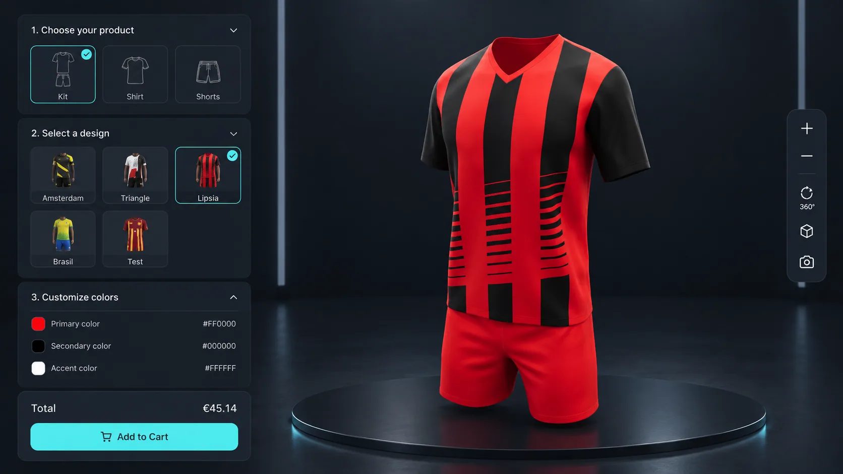 Configurador de camisetas 3D que muestra una camiseta de equipo personalizable