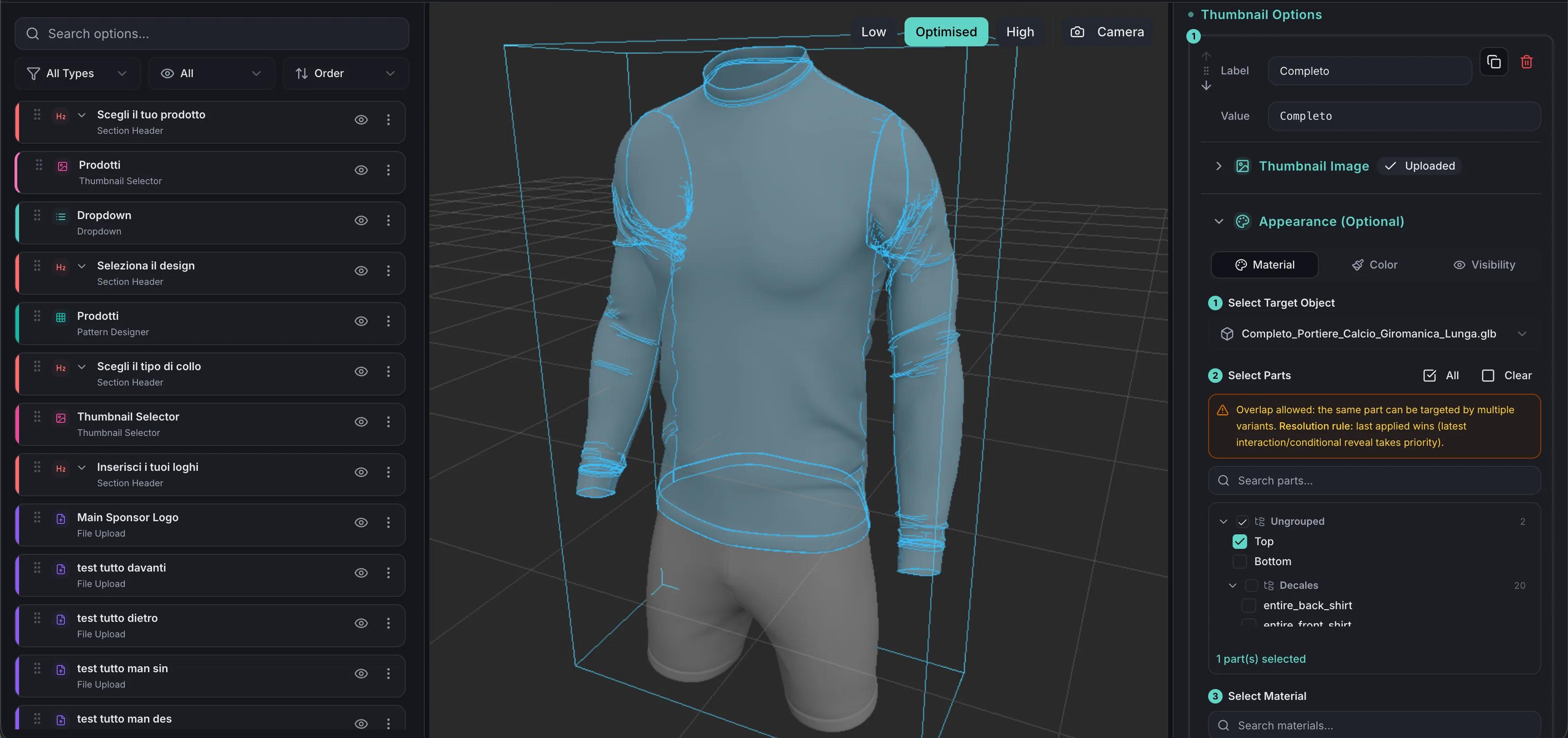 Activo 3D del configurador de camisetas mostrando el diseño del kit